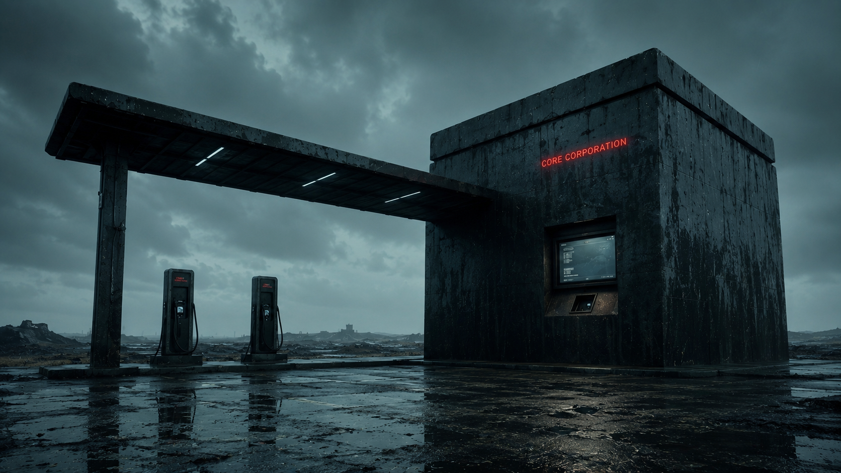 Wide view of the battery charging station in the rain.