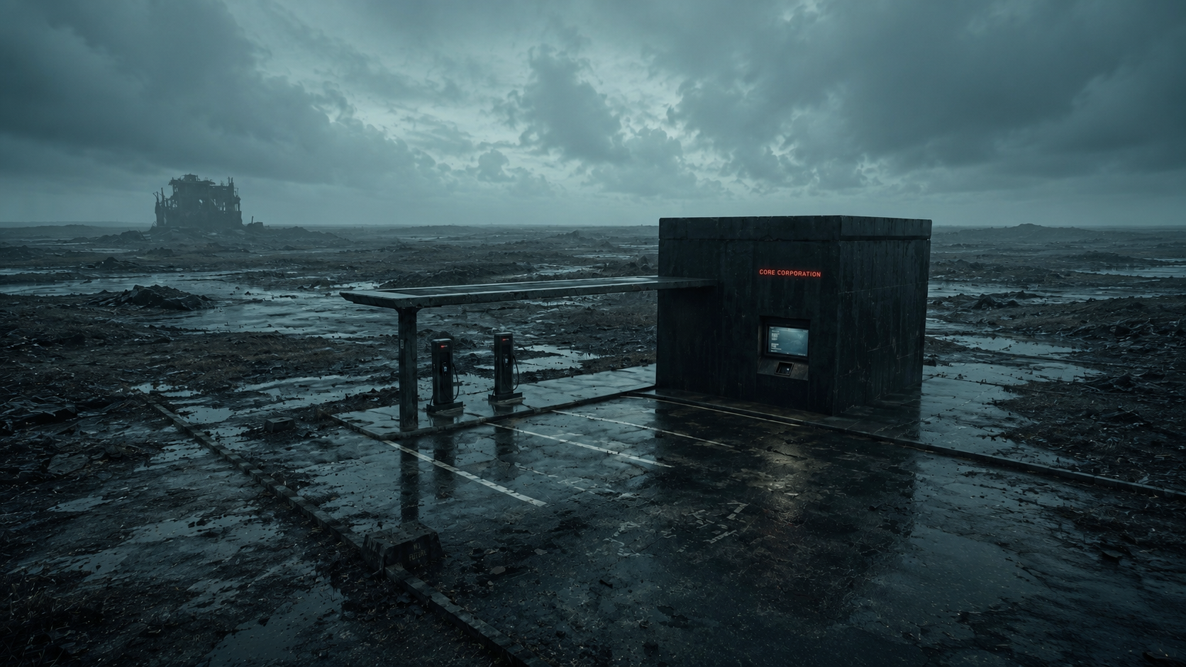 Distant view of the battery charging station and surrounding wasteland.