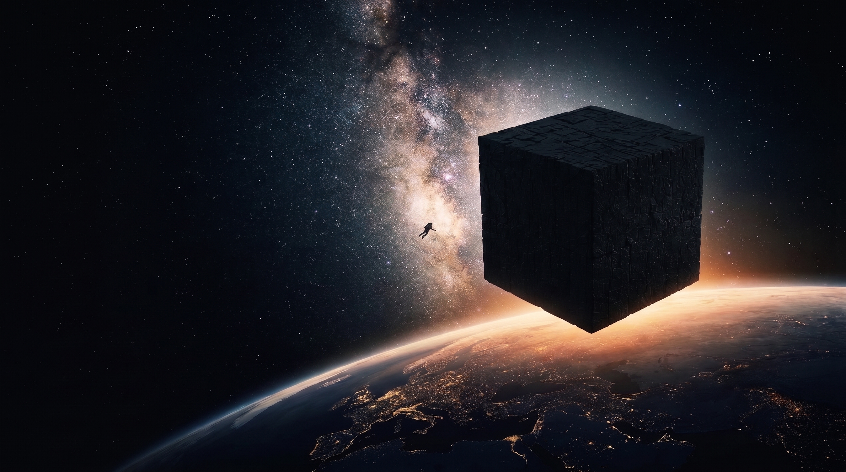 The Black Cube suspended above Earth beside a lone figure in space.