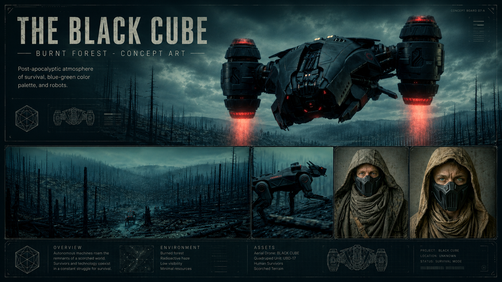 The Black Cube Burnt Forest concept board.