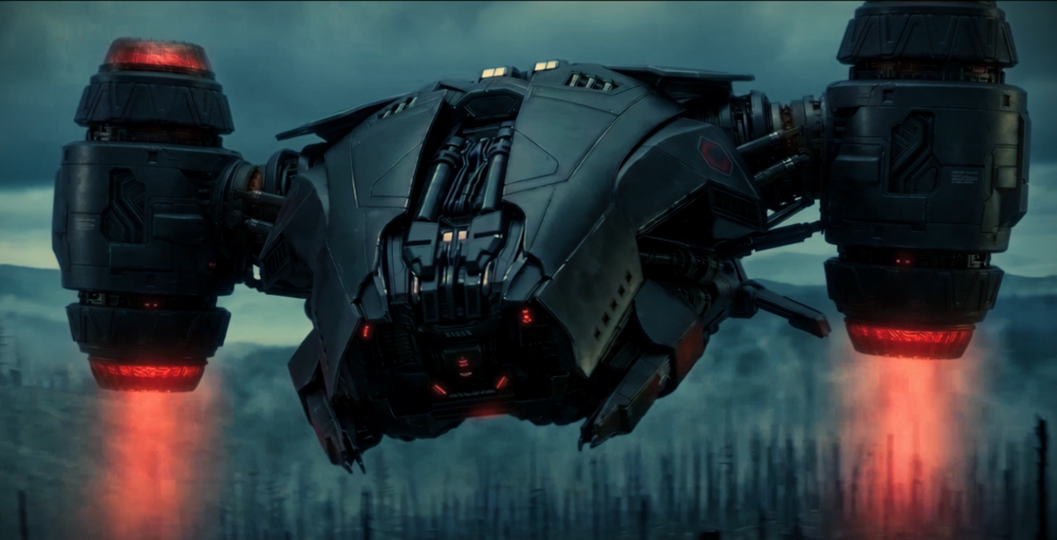 Heavy aircraft hovering above the burnt forest.