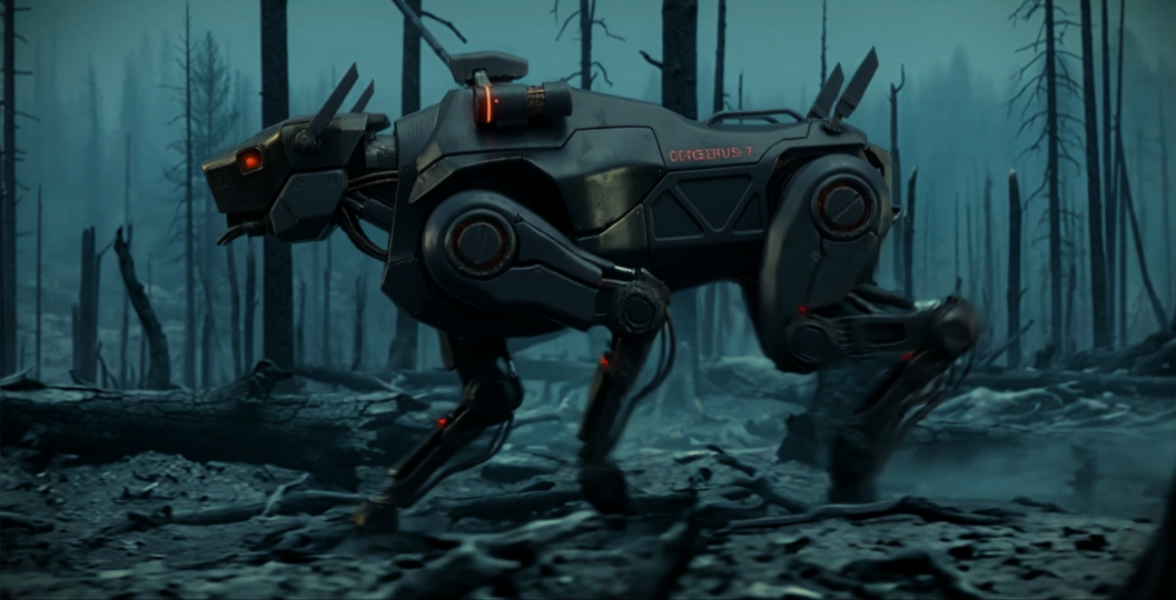 Cerberus-7 running through the burnt forest.
