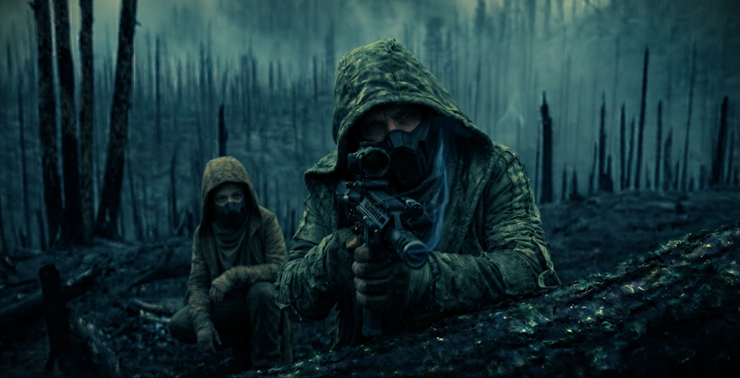 Survivors taking cover in the burnt forest.