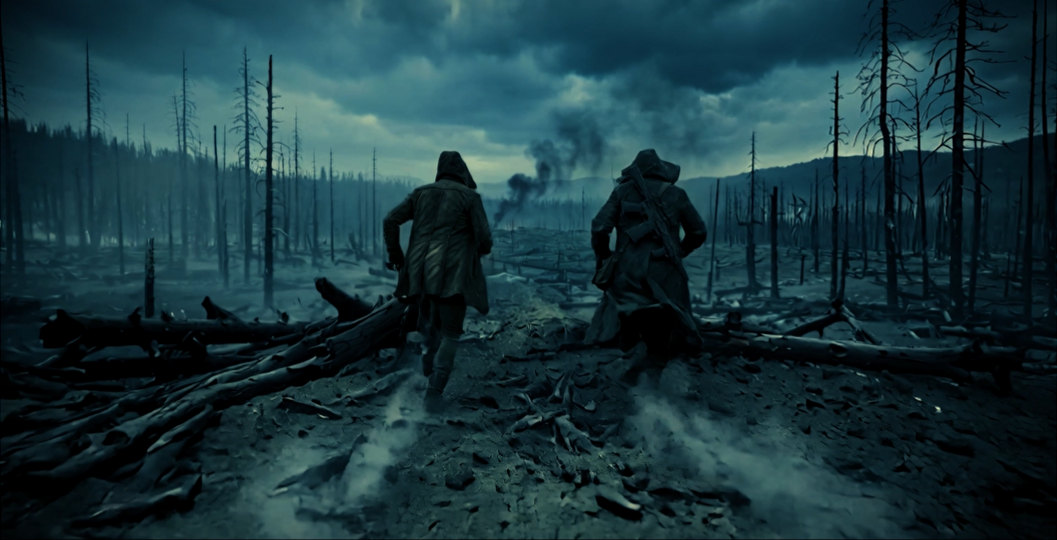 Two survivors running across scorched terrain.