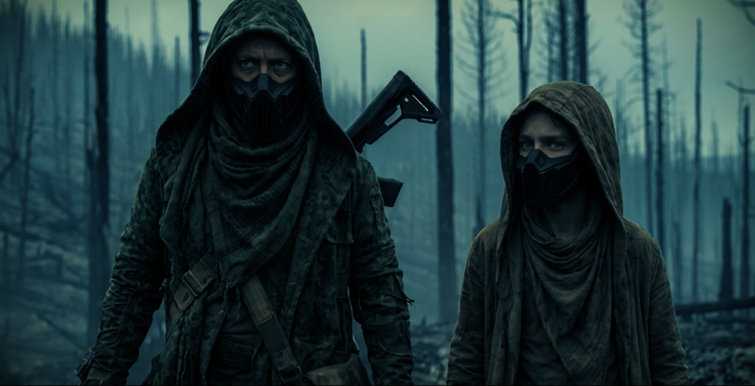 Two masked survivors standing in the burnt forest.