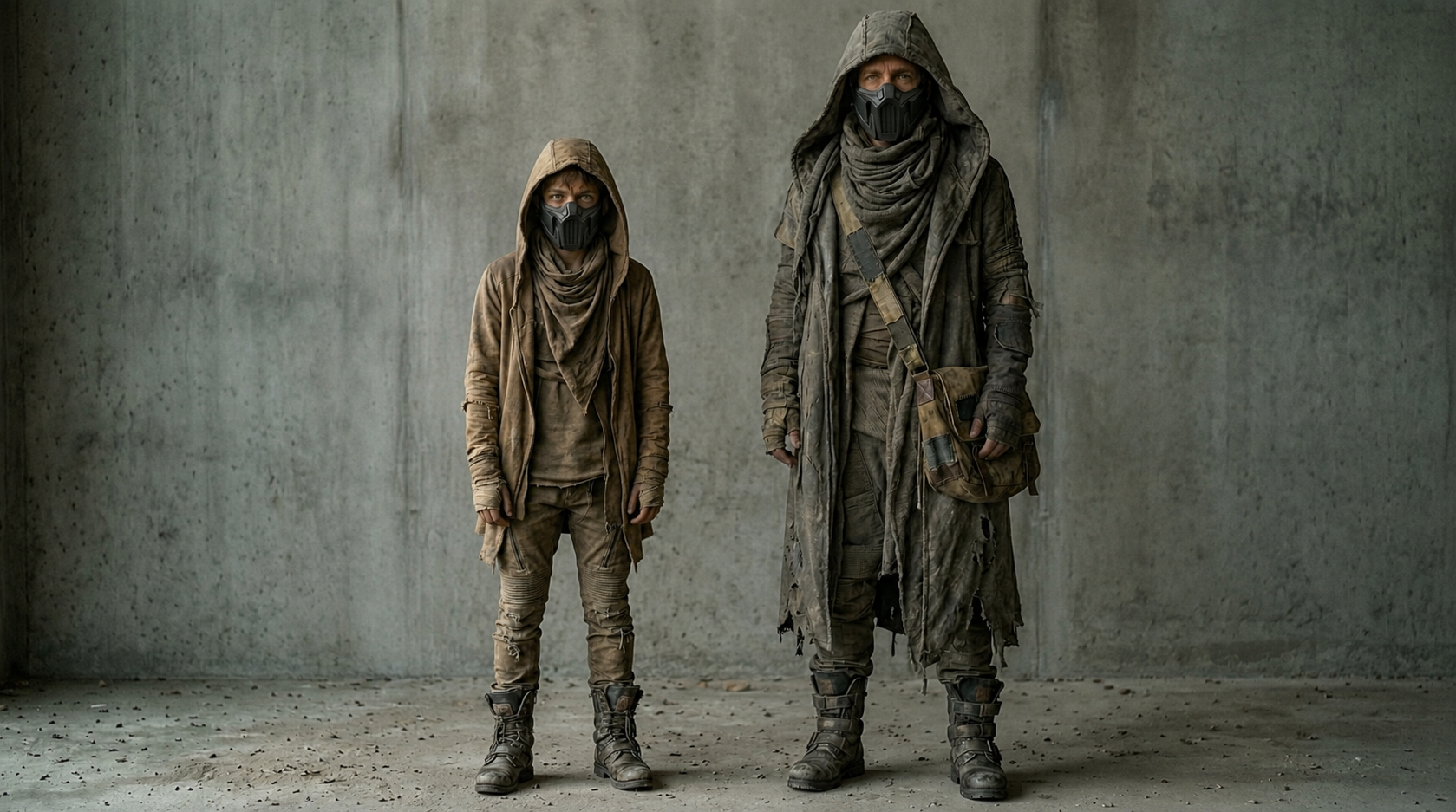 Front costume study for two burnt forest survivors.