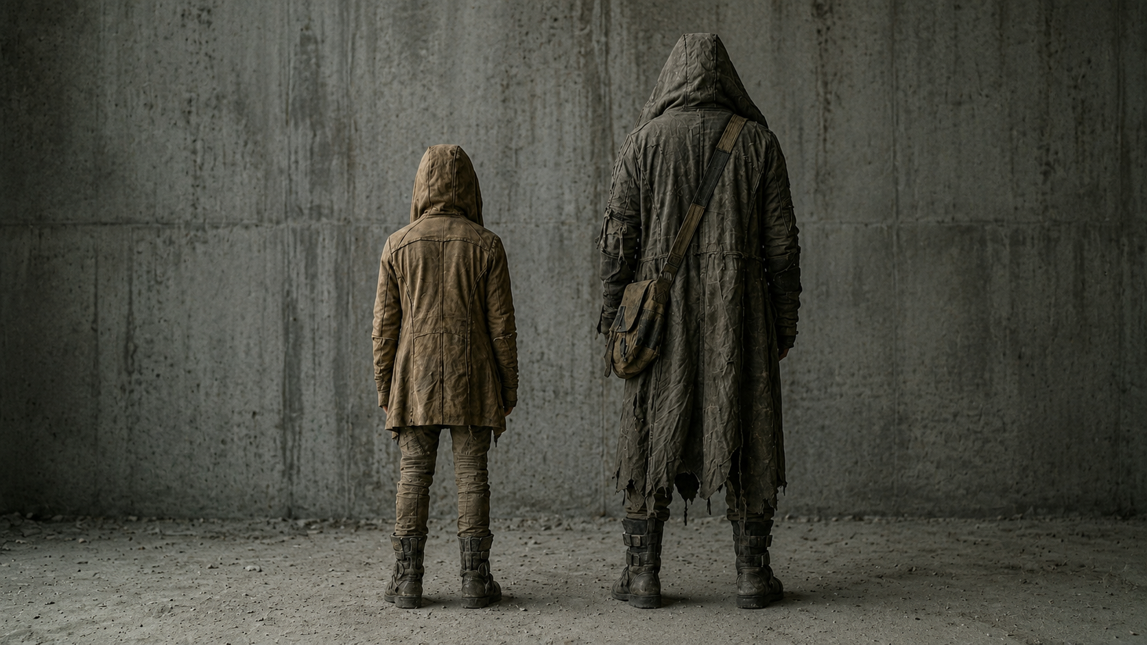 Rear costume study for two burnt forest survivors.