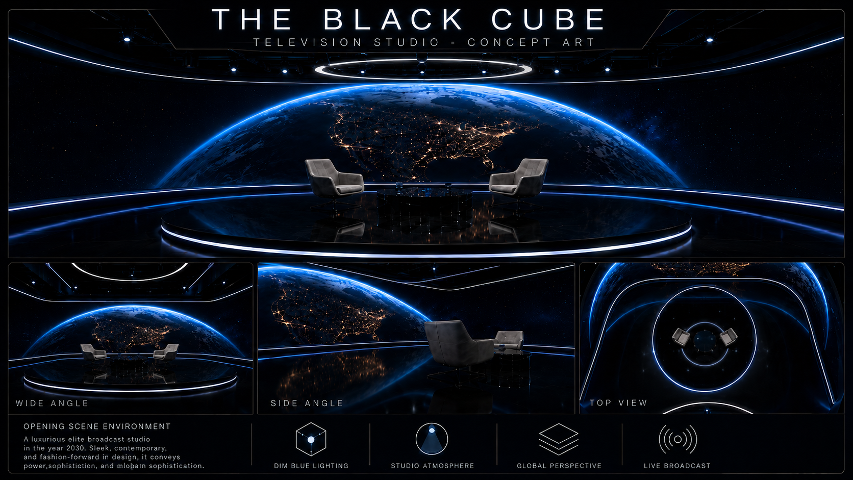 Futuristic television studio location concept art.