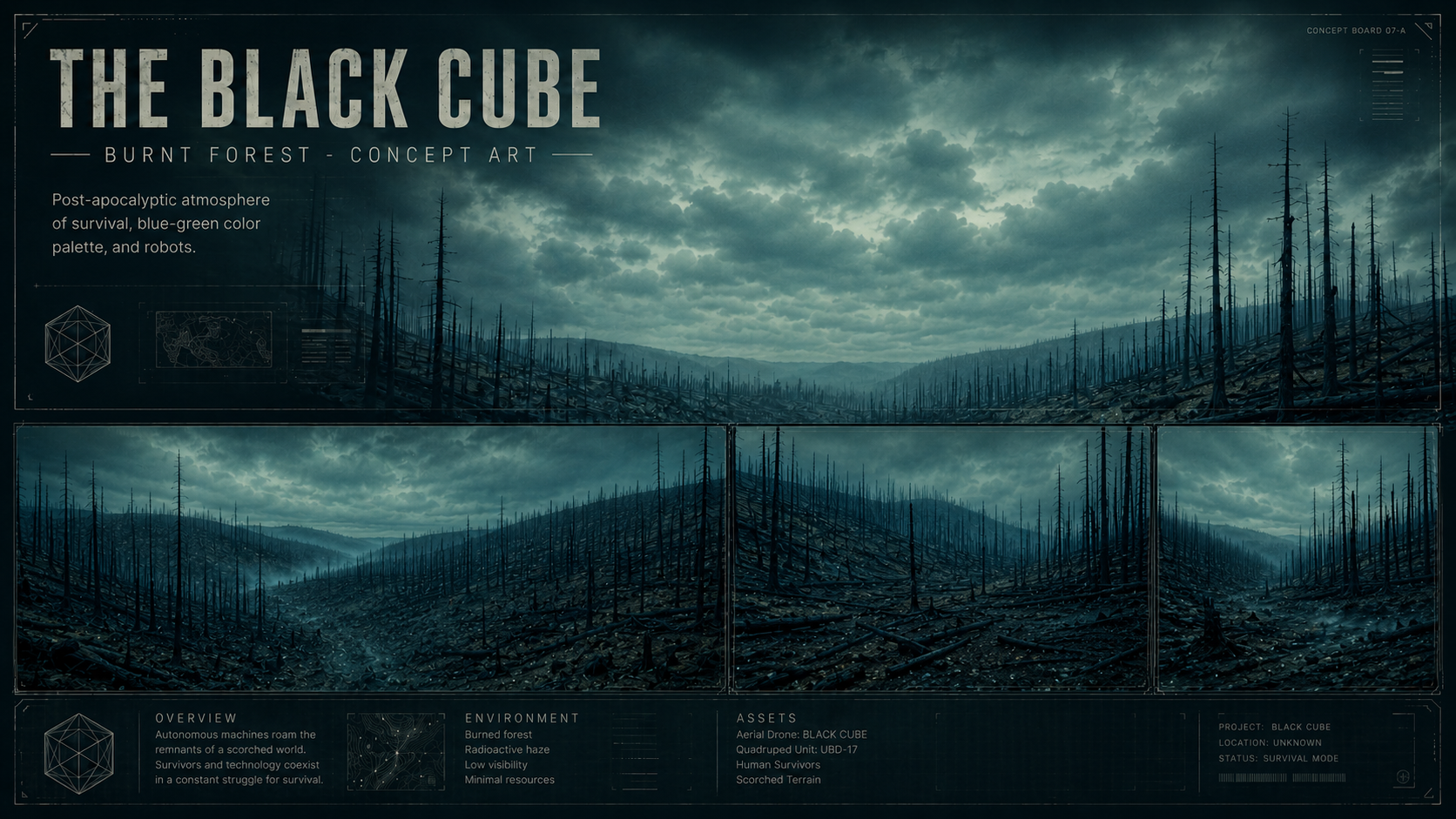 Burnt forest location concept art.