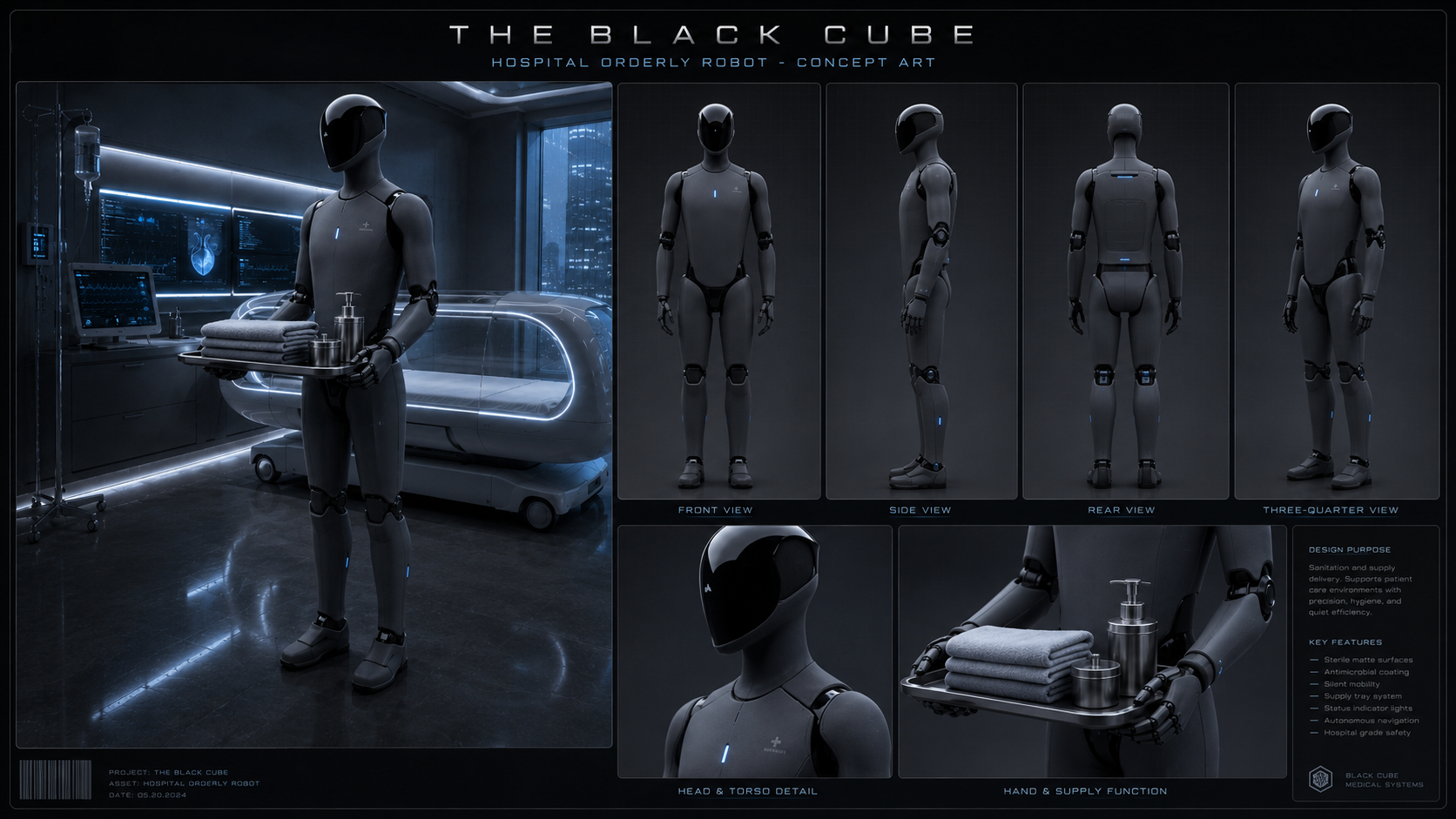 Hospital orderly robot concept board.