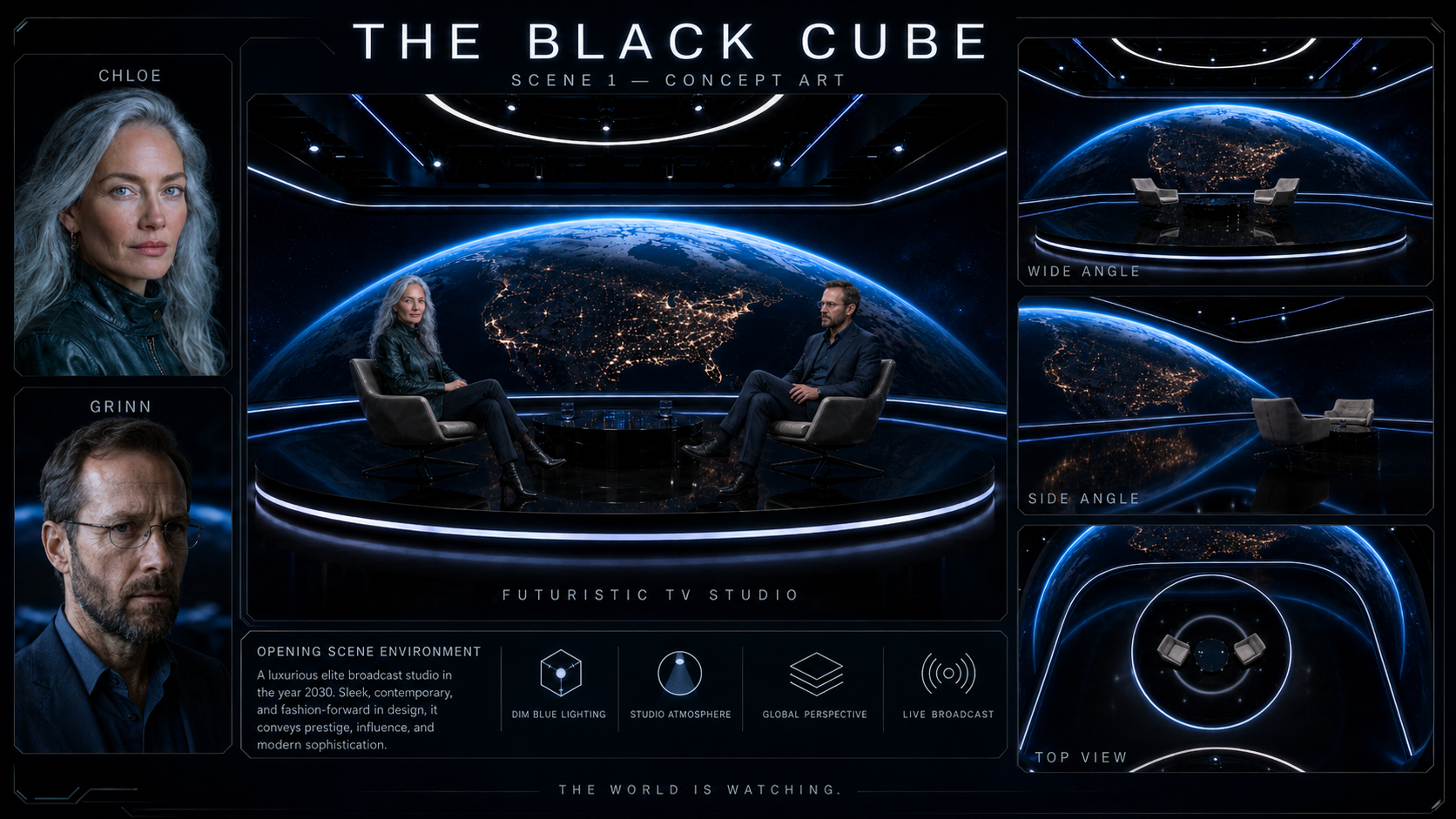 Television studio concept sheet with characters and camera views.