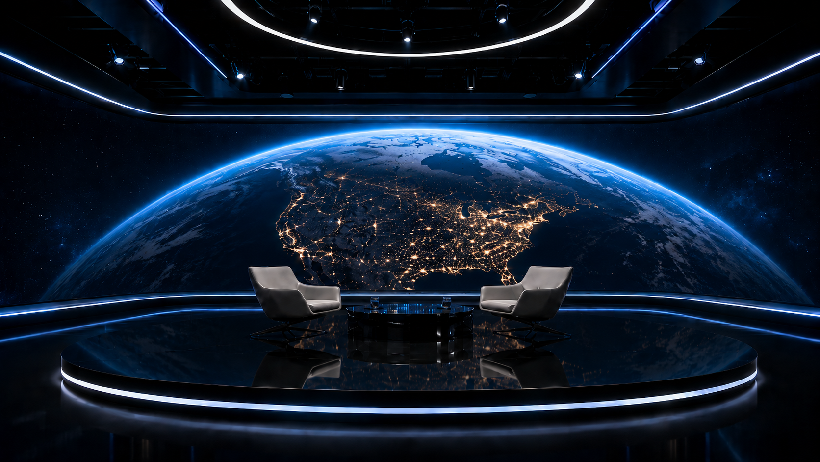 Empty circular television studio stage overlooking Earth.