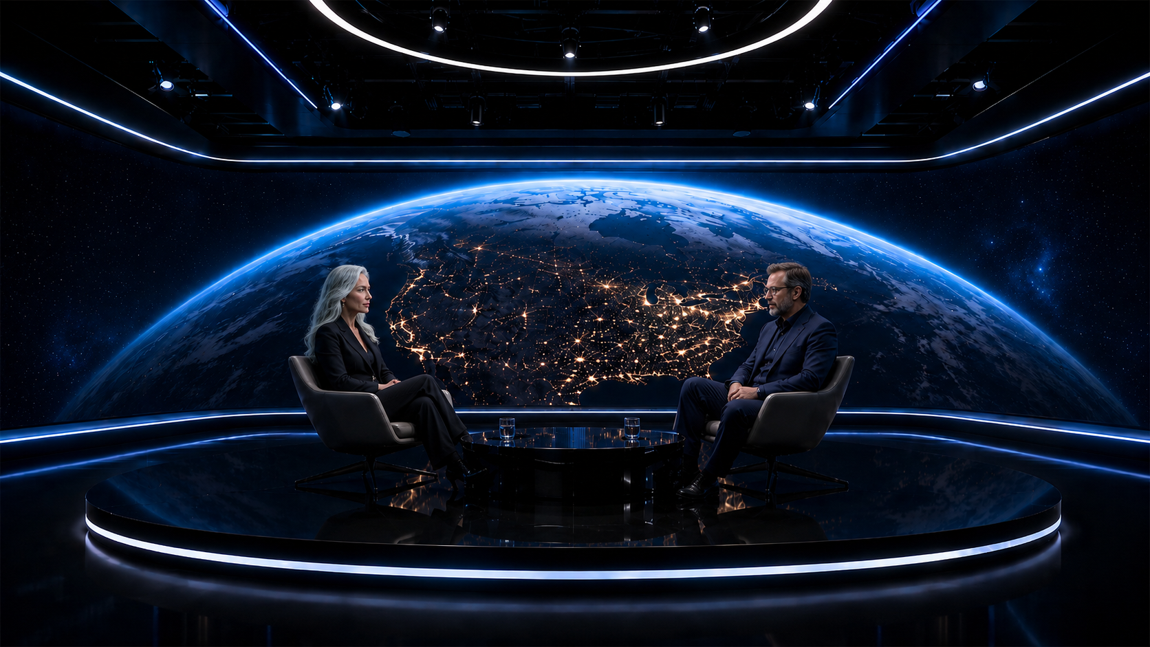 Interview scene inside the futuristic television studio.