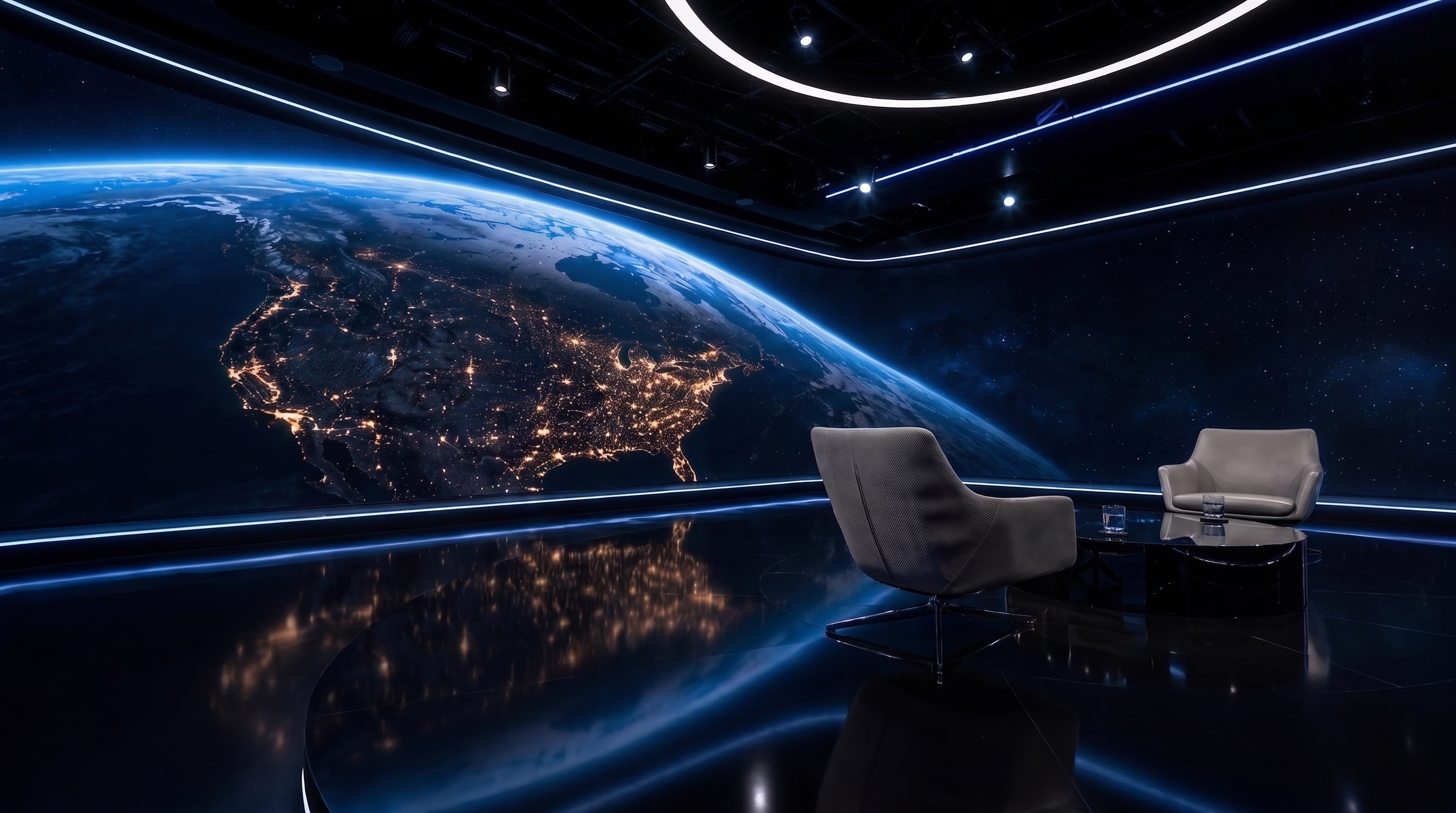 Side view of the futuristic television studio set.