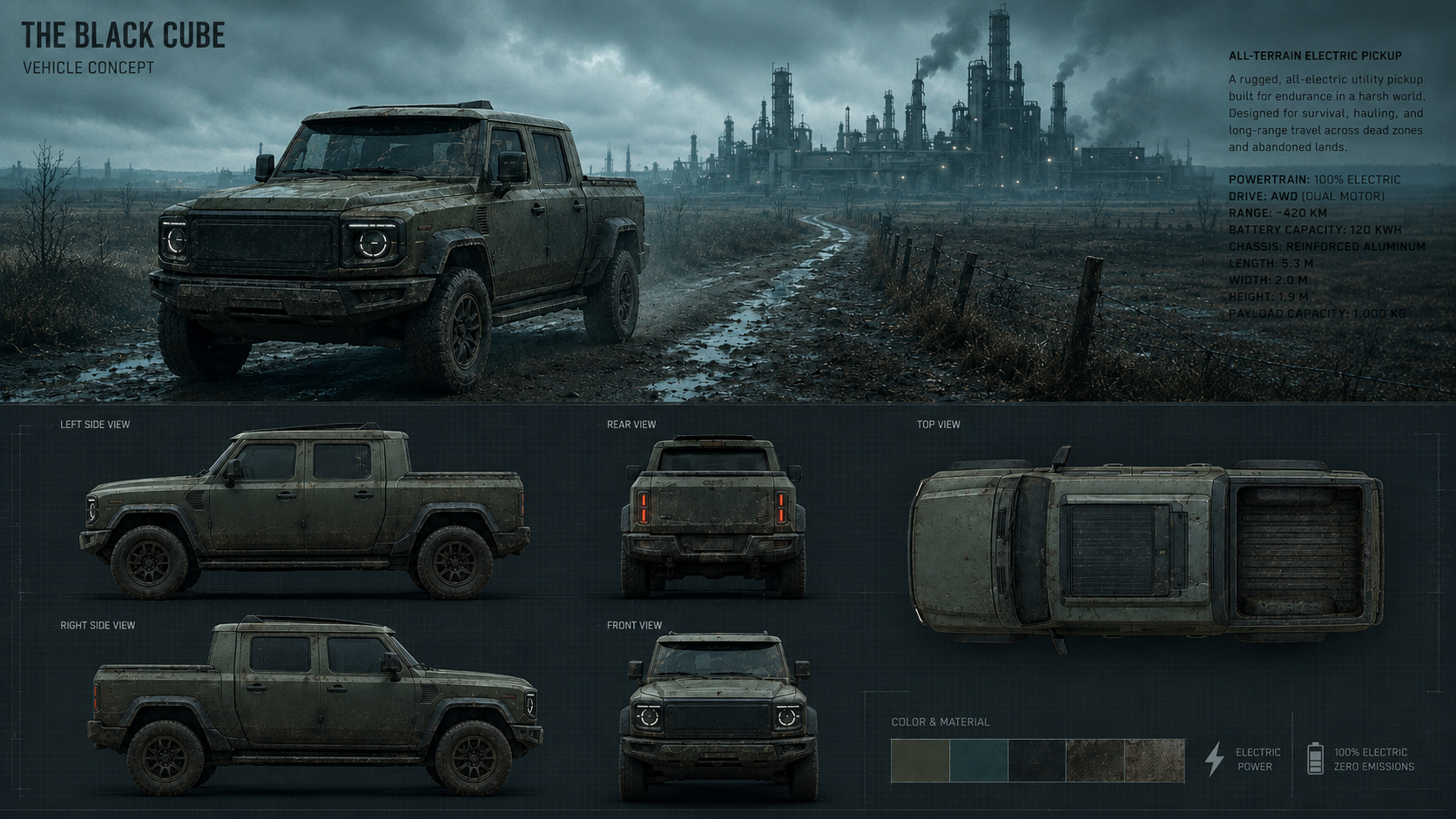 All-terrain electric pickup exterior concept board.