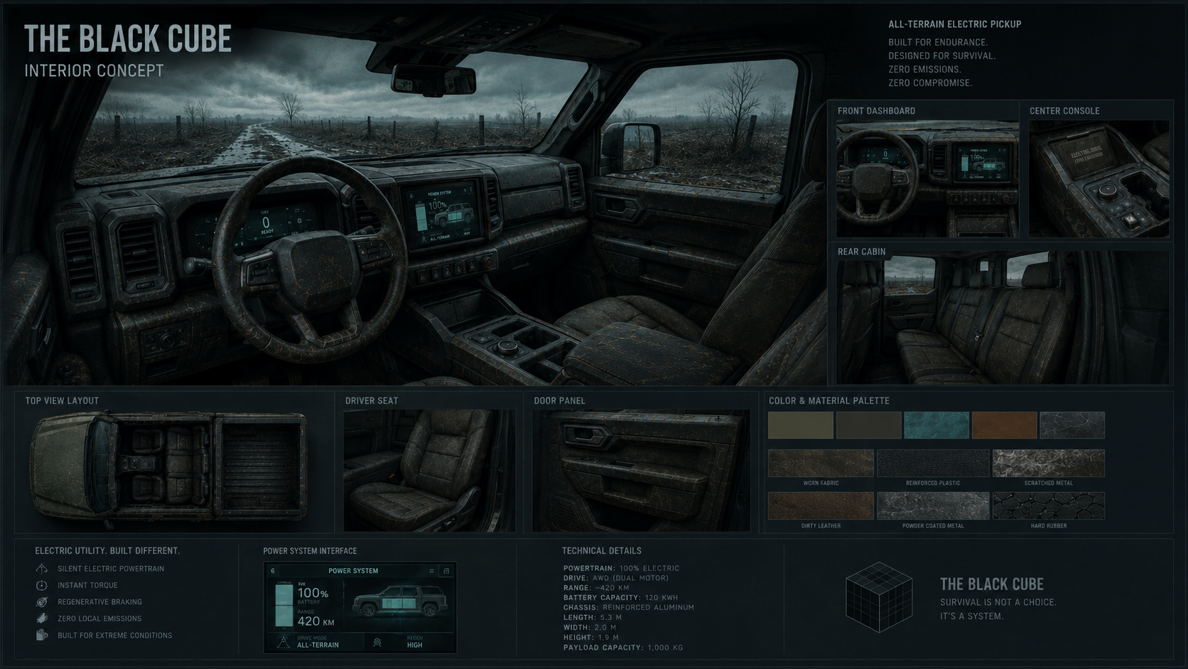 All-terrain electric pickup interior concept board.